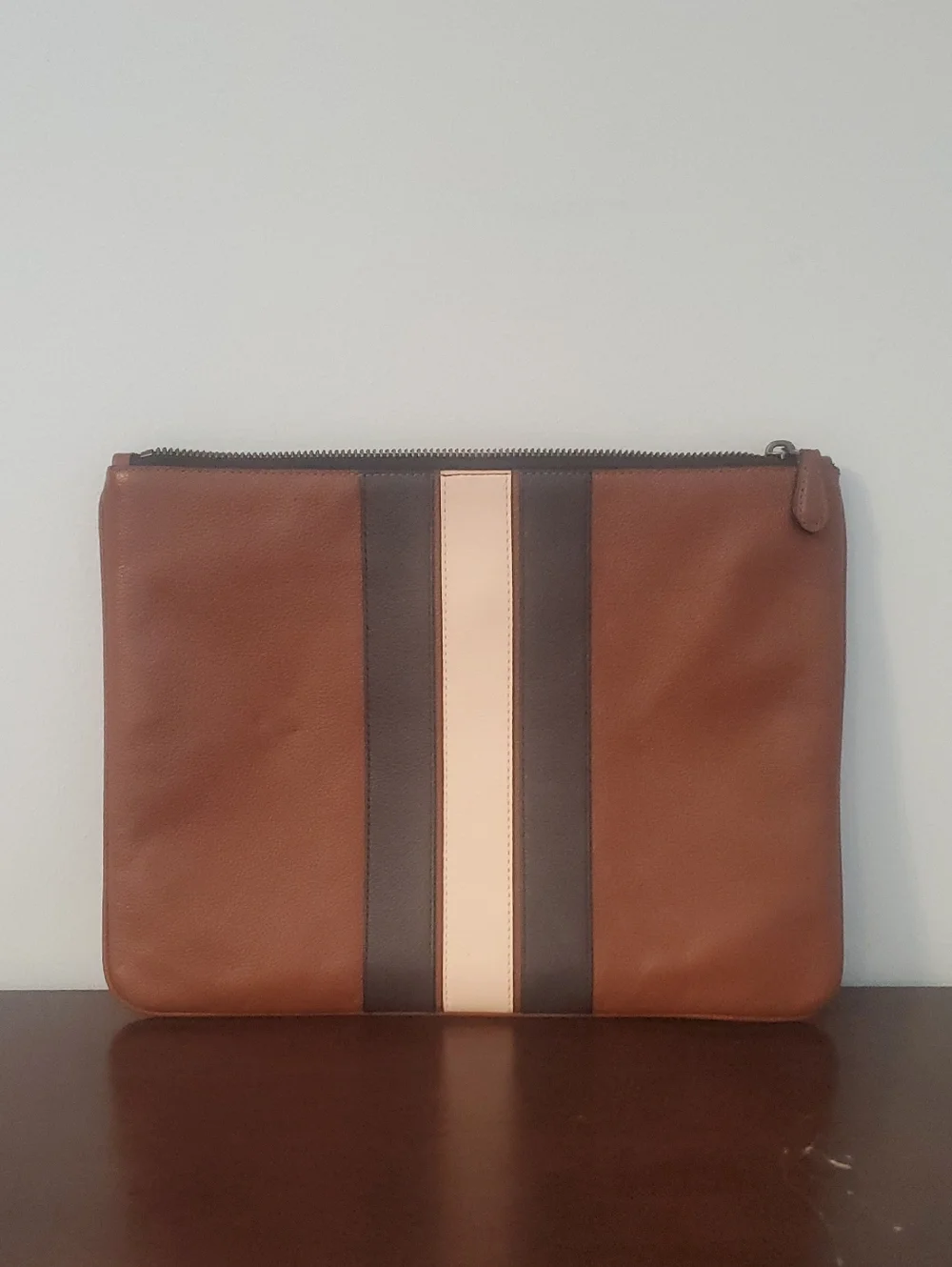 Coach Brown Leather Laptop Pouch with Navy and Cream Stripes